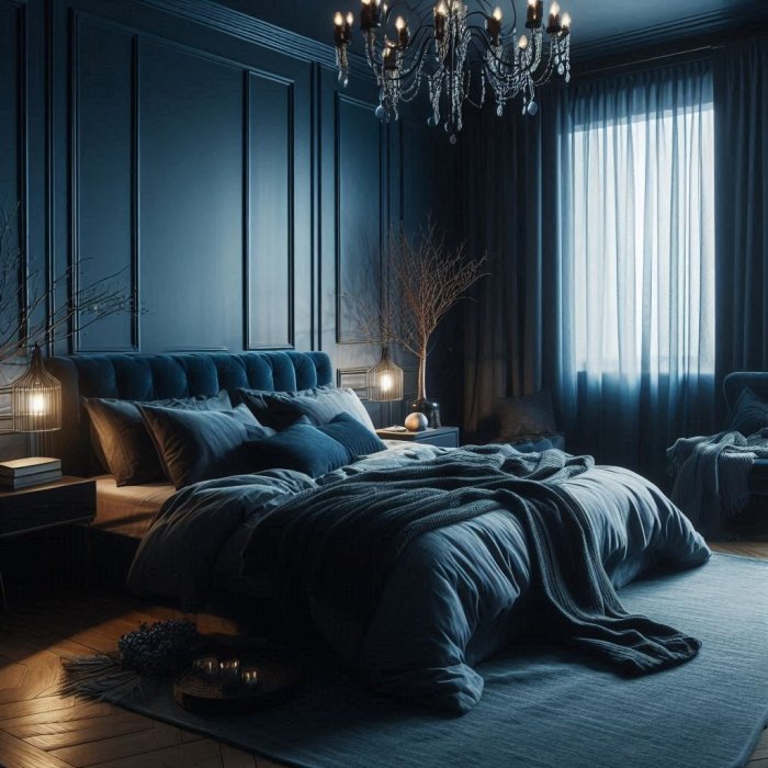 How to decorate a dark blue bedroom