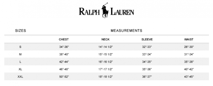 Ralph lauren men's dress shirt size chart